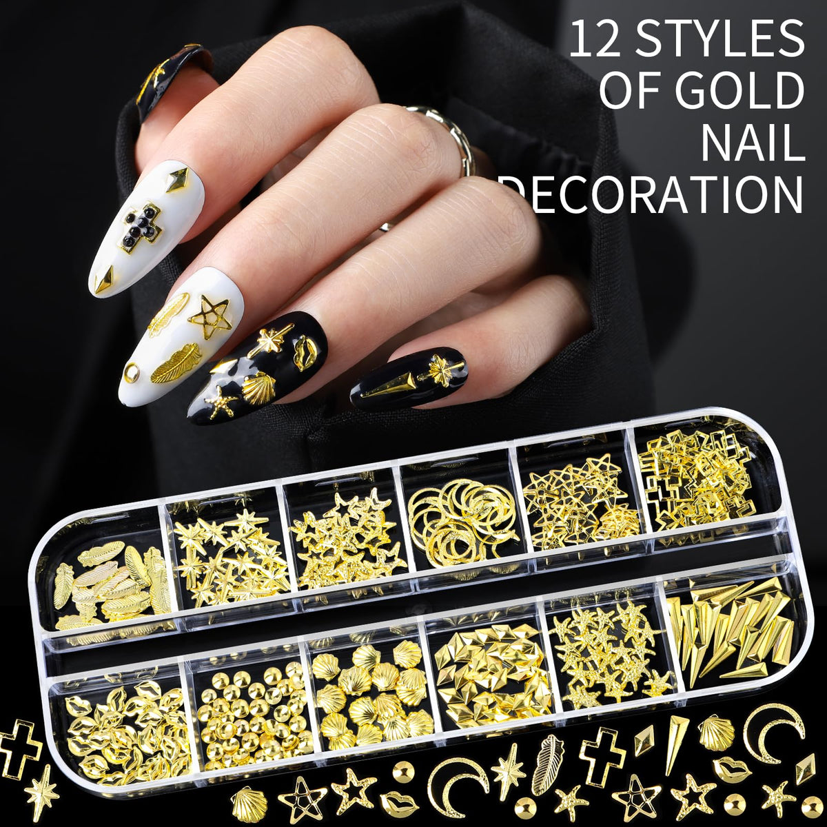 Teenitor Nail Charms Nail Gems with 15 Sheets Gold Nail Stickers, 6 Boxes of Rhinestones for Nails Art Tools, 3D Nail Decals Pearls for Nails
