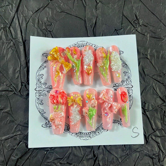 Press on Nails Handmade Nails 10Pcs Fresh Style Hand Embossed Pink Manual Press on Nails for Women Party Holiday Photo 33mm Long Size S