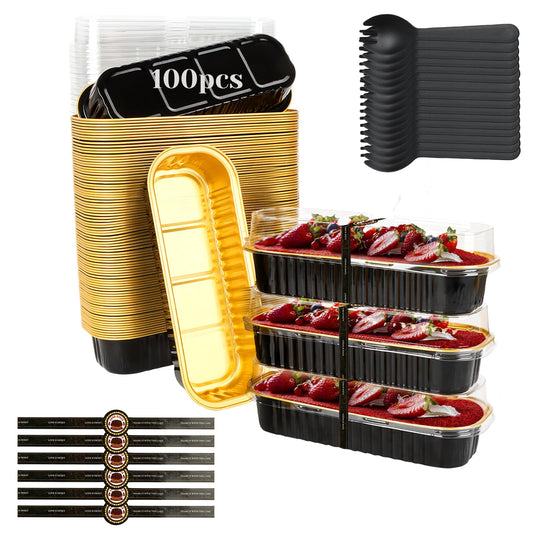 YQER 100 Pack Mini Loaf Pans with Lids, Spoons & Stickers – Disposable Aluminum Foil Baking Cake Containers for Oven, Air Fryer & Freezer – Ideal for Cakes, Bread, Pudding, Parties & Gifting, Black