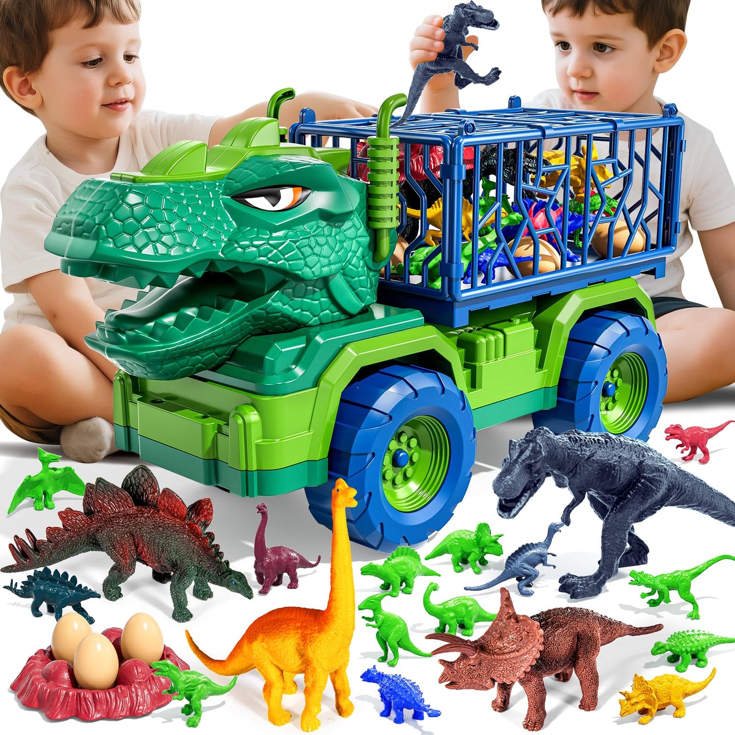 Guminnara 22 in 1 Toddler T-rex Dinosaur Truck Toy Set for Kids Boys 3-5 5-7, Tyrannosaurus Carrier Transport Truck with 18 Jurassic Dino Figures, Birthday Toy for Boys Girls 3 4 5 6 7 Years Old