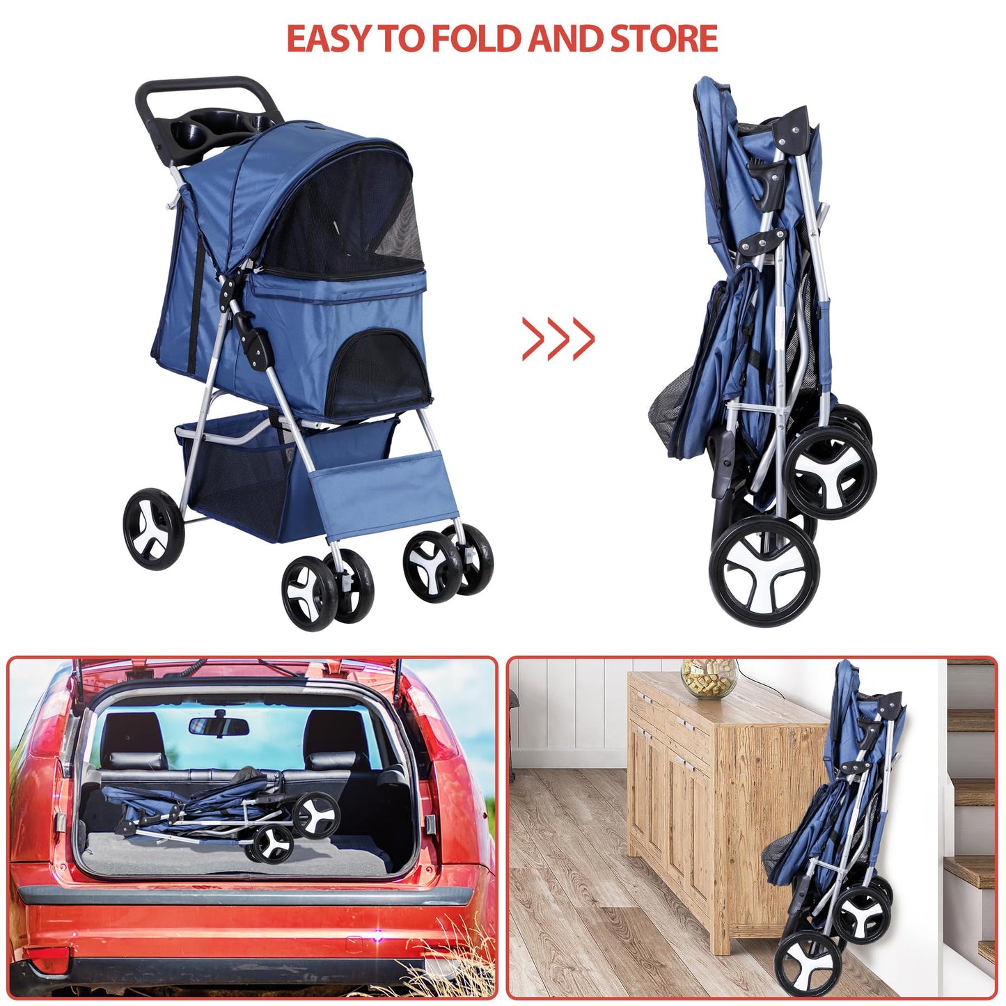 Pet Stroller 4 Wheels Dog Cat Stroller for Small Medium Dog Cats Carrier Jogger Travel Foldable Puppy with Storage Basket and Cup Holder (Navy Blue)