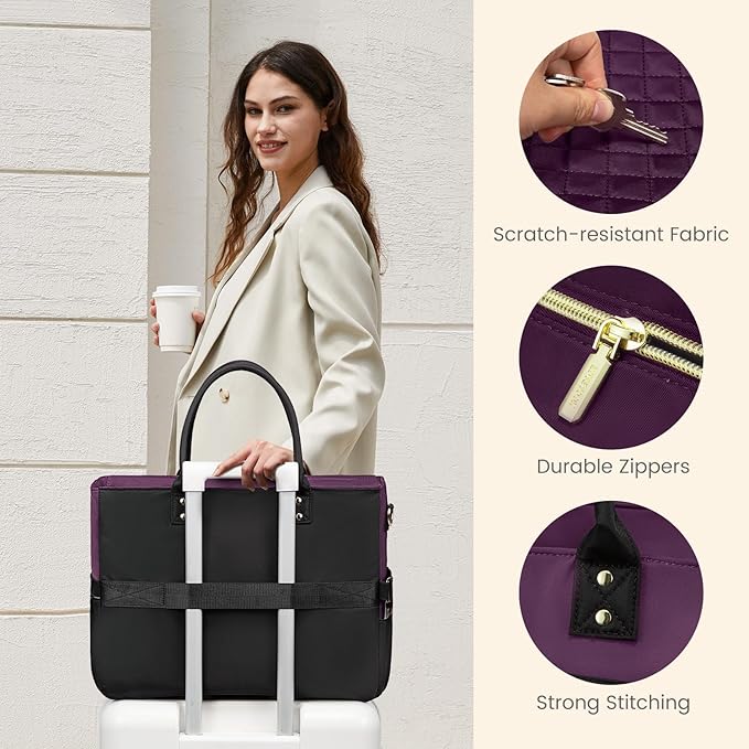 LOVEVOOK Teacher Tote Bag for Women Work, Laptop Bag Work Tote Bag Nurse Bags With Large Cup Holder, Professional Computer Briefcase Business Large Purses Handbag, Diaper Bag Mother Gift, Black-Purple