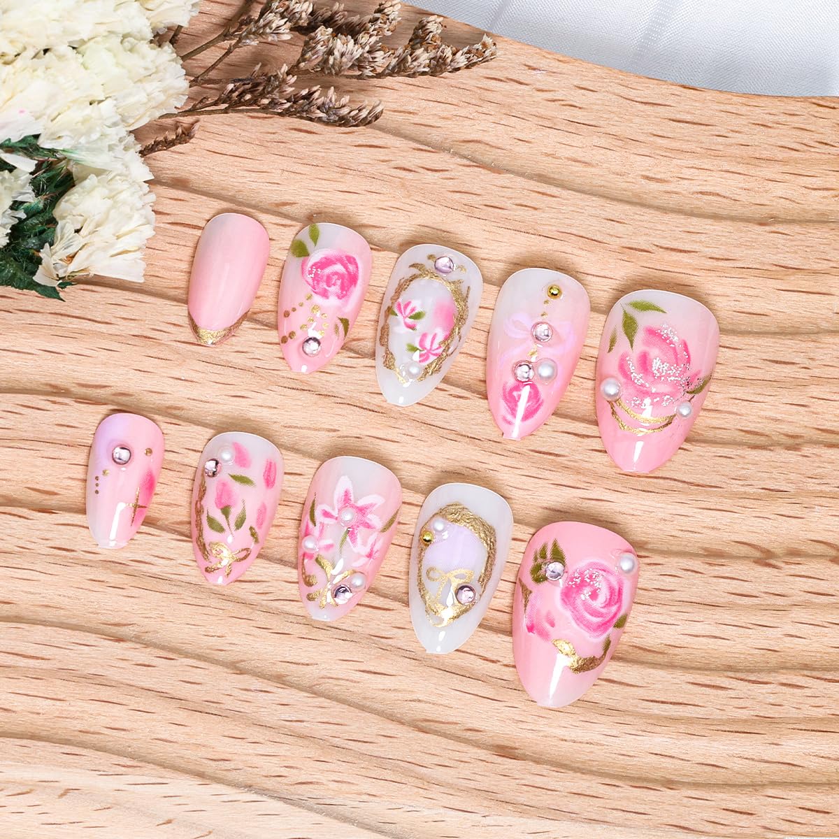 24Pcs Flower Press on Nails Almond Short Fake Nails with Pearl Rhinestones Design Handmade Acrylic Nails Pink Rose Glue on Nail 3D Gold Chrome French Tip False Nails Cute Floral Bow Artificial Nail
