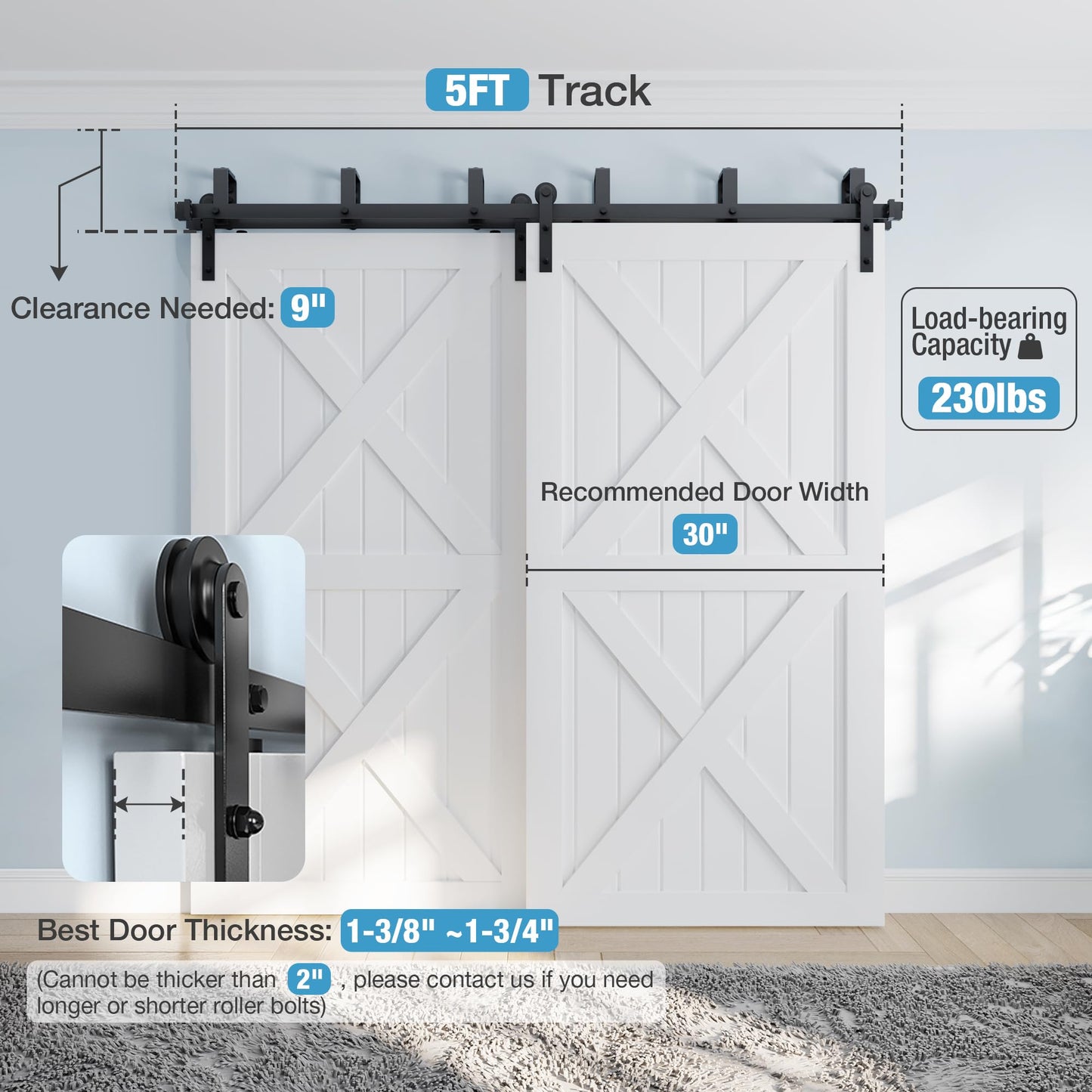 ZEKOO 5FT Double Track Bypass Sliding Barn Door Hardware Kit for 2 Doors, Bypass Barn Door Track Kit, Low Ceiling, Easy Install, I Shape Hanger, Fit 30" Wide Door Panel