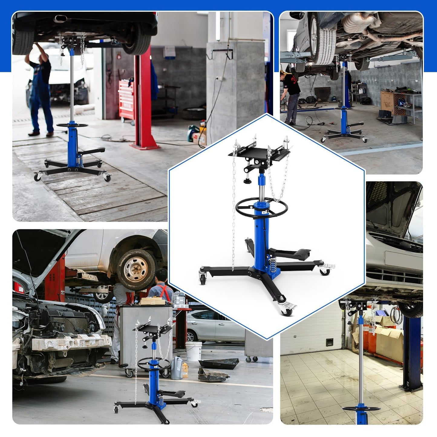 Transmission Jack, 1322 LBS/0.6 Ton Heavy Duty Hydraulic Telescoping Stand, 34"-68" High Lift Transmission Jack Stand, Foot Pedal, 360° Swivel Wheels, for Garage & Shop, Blue