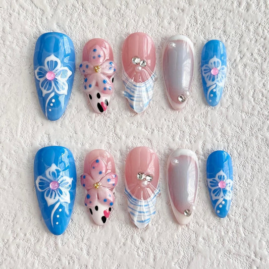 10PCS Handmade Press on Nails Medium Length Almond Fake Nails Full Cover Blue with Pearl Rhinestones designs Gel Stick on Nails French Tip Unique 3d Flower False Nails (M Size)
