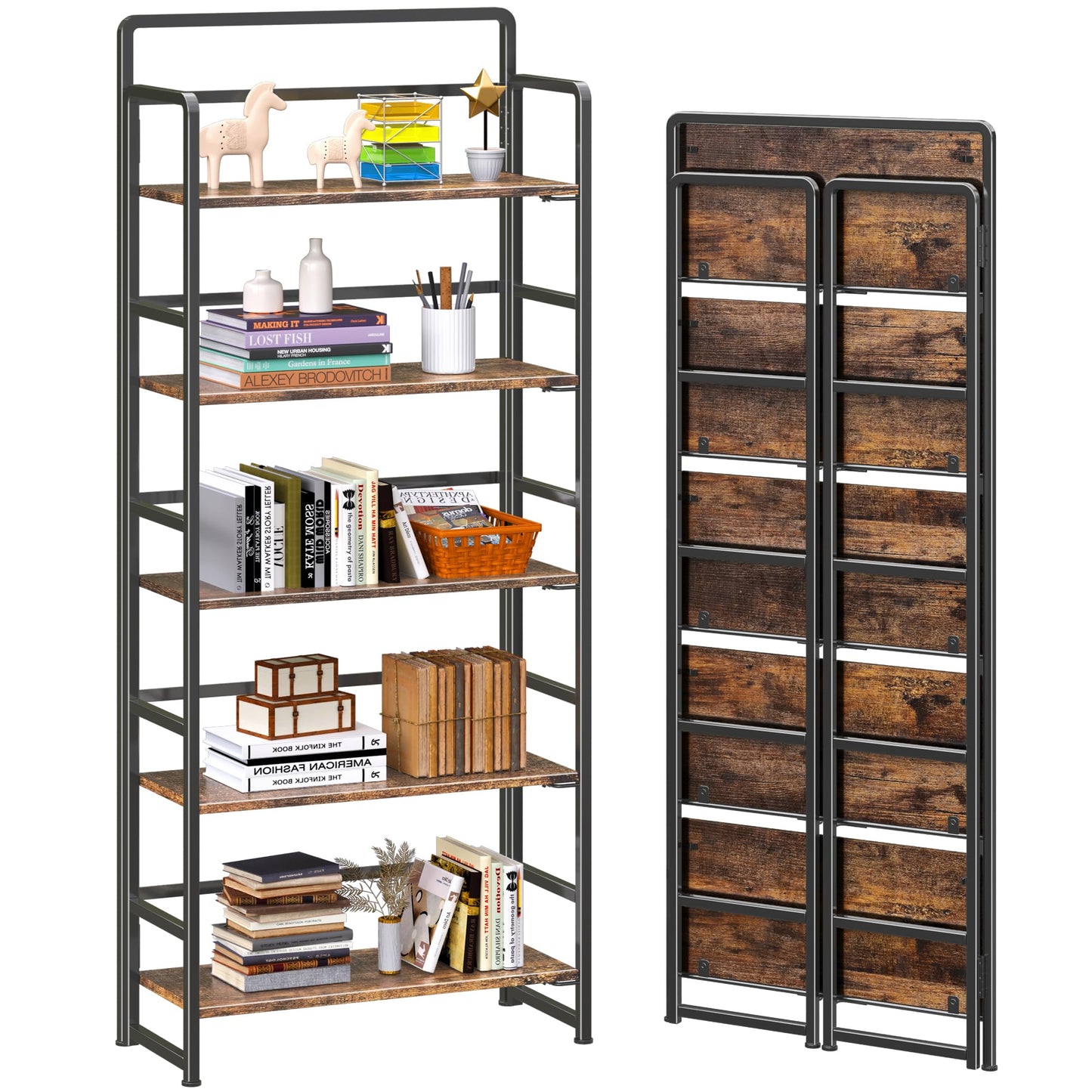 4NM No Assembly 5 Tiers Folding Bookshelf Storage Shelves Vintage Bookcase Standing Racks Study Organizer Home Office (Rustic Brown Black)