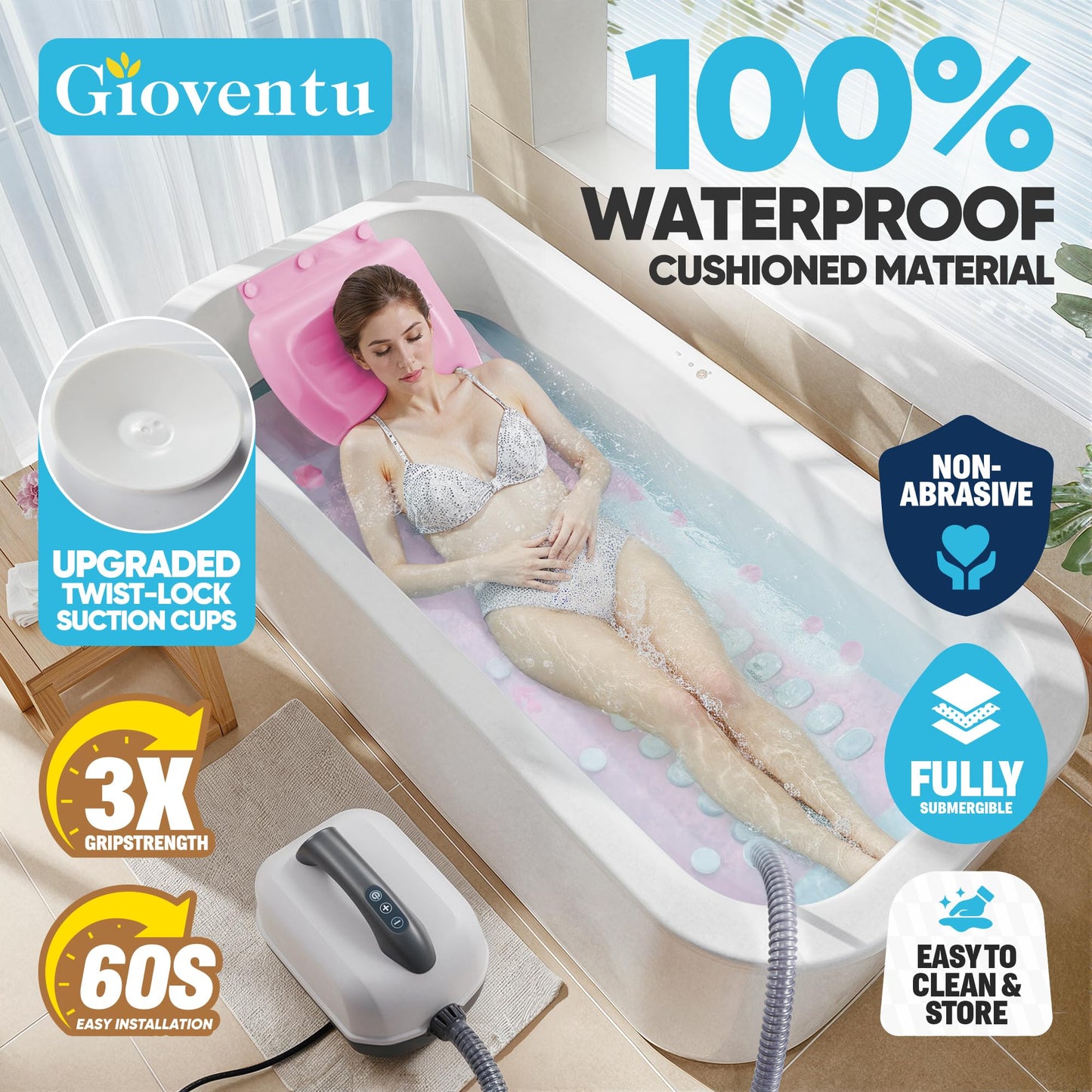 Doroino Upgraded Bubble Bath Mat Tub Spa Massager, Portable Full-Body Bathtub Bubble Mat Non-Slip & Remote Control, Motorized Air Pump, 6-Speed Bubbles for Home Ultimate Relaxation (Pink)