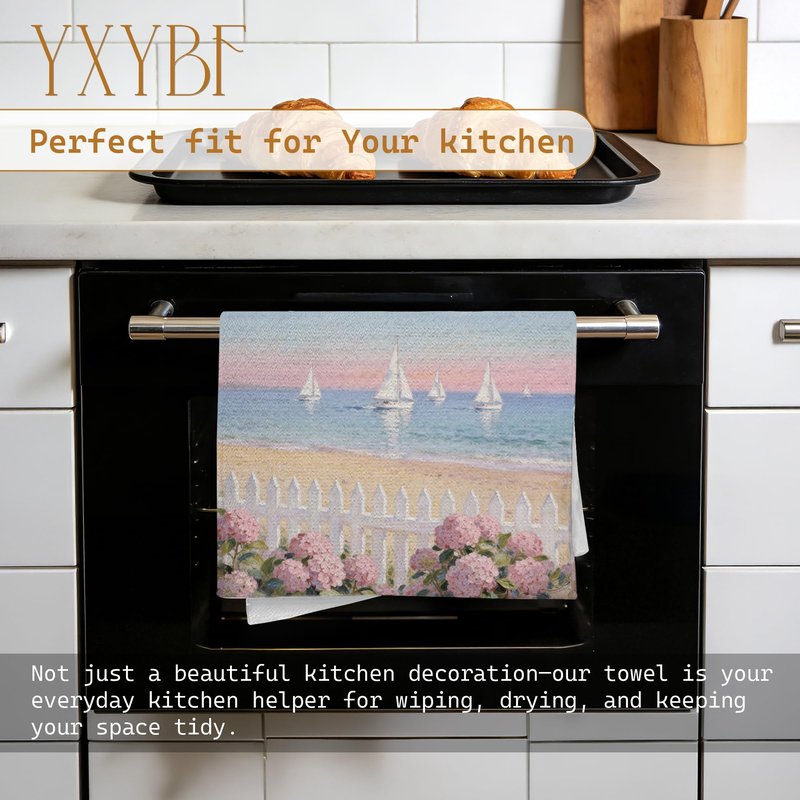 YXYBF Pastel Coastal Nautical Hand Dish Tea Towels for Kitchen Bathroom Beach House Decor 16x24 Inches, Pink Hydrangea Floral Coastal Beach Kitchen Towels Decorative