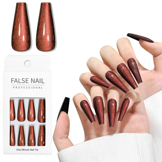 Orange Brown Cat Eyes Press On Nails,12 Sizes-24 Pcs Soft Gel Orange Brown Long Coffin Fake Nails Kit with Nail Glue, Natural Reusable Stick On False Nails for Women and Girls SK1044