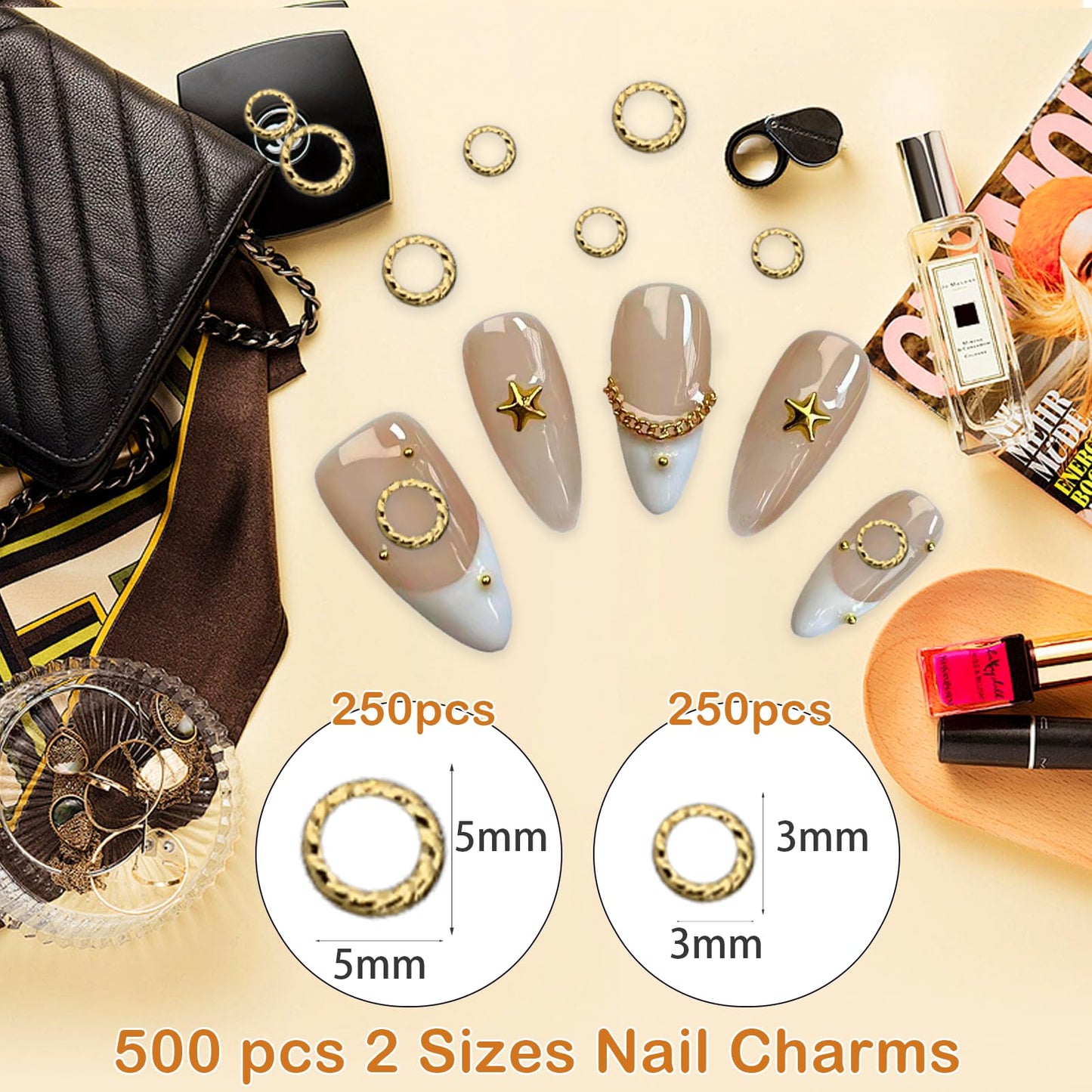 Gadjica 500Pcs Round Nails Charms for Nail Art 3D - Gold Metal Circle Studs - 3x3mm and 5x5mm All-Match Manicure Kit Nails Art Supplies Accessories for Women Girls Acrylic Nails