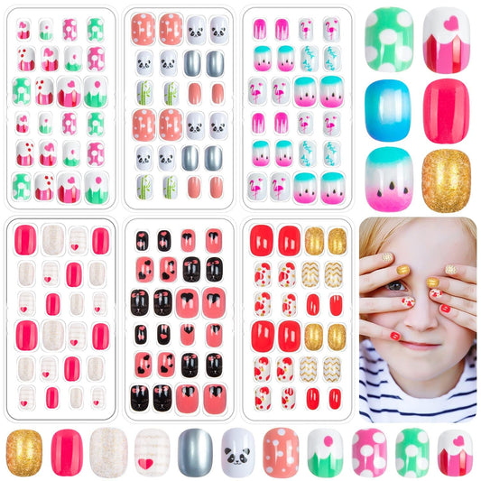 144 Pieces Fake Nails for Kids Girls Artificial Kids Press on Nails Full Cover Short Acrylic Stick On Nails False Nail Tips Kit for Children Little Girls Nail Art Decoration (Sweet Pattern)
