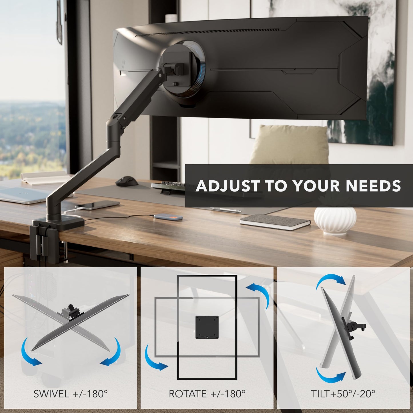 Mount-It! Proflex Series Heavy-Duty Monitor Desk Mount, Fits 17–49” Ultrawide Curved Screens, Full Motion Gas Spring Arm, 44 lbs Capacity, USB-C & USB 3.0 Ports, VESA 75/100, Clamp or Grommet Base