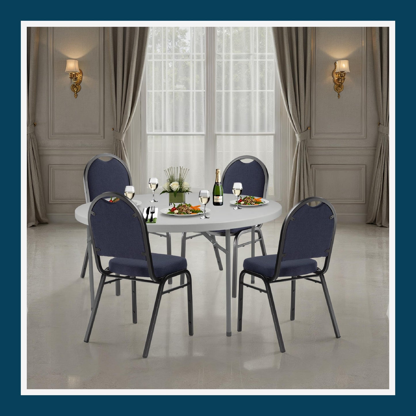 OEF Furnishings OEF9200F Series Dome Back Upholstered Stackable Banquet Chairs Premium Commercial Seating (2 Pack, Fabric, Midnight Blue, Black Santex Frame)