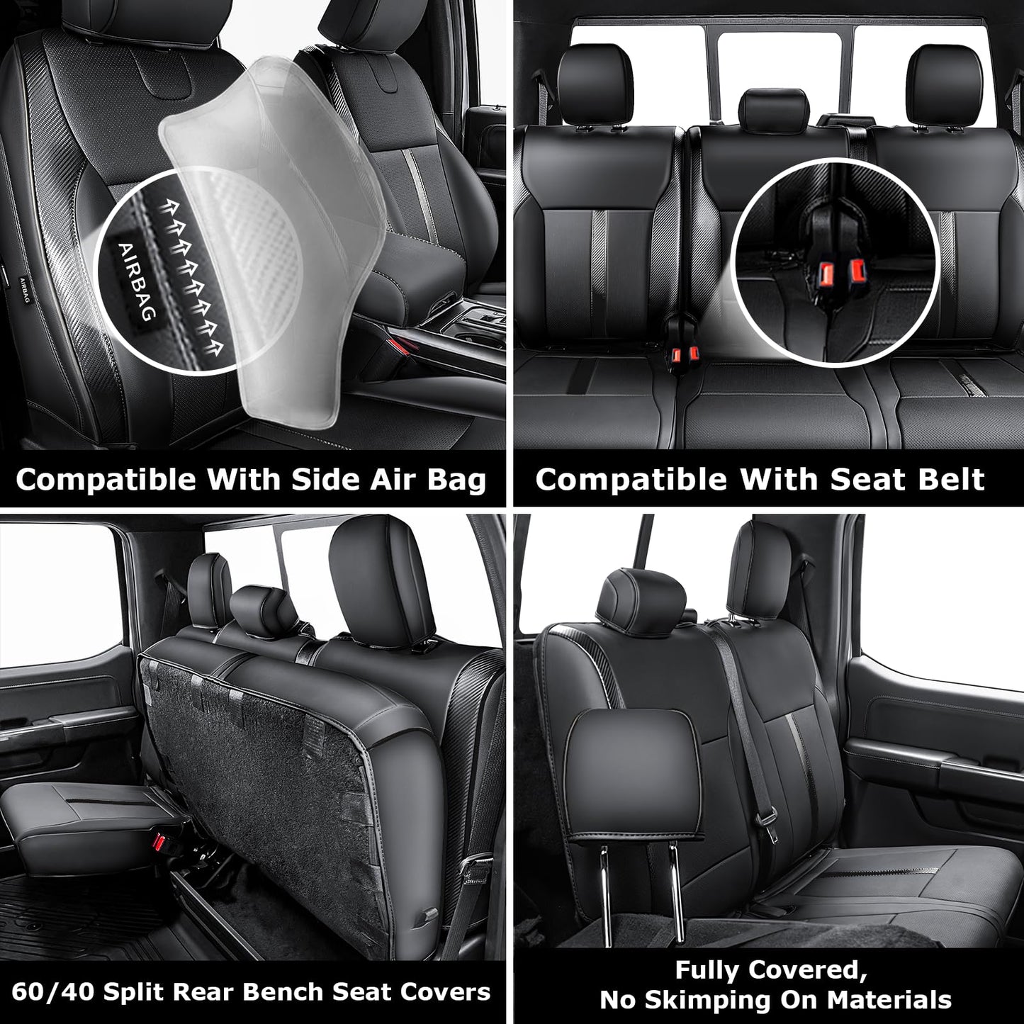 Carlimeki Leather Seat Covers Custom Fit for 2021-2025 F150 XL XLT STX Super Crew Cab - Custom Fit for 2023-2025 F250 F350 F450 XL XLT Crew Cab - Fully Covered, NOT for 40/20/40 Bench Front Seat