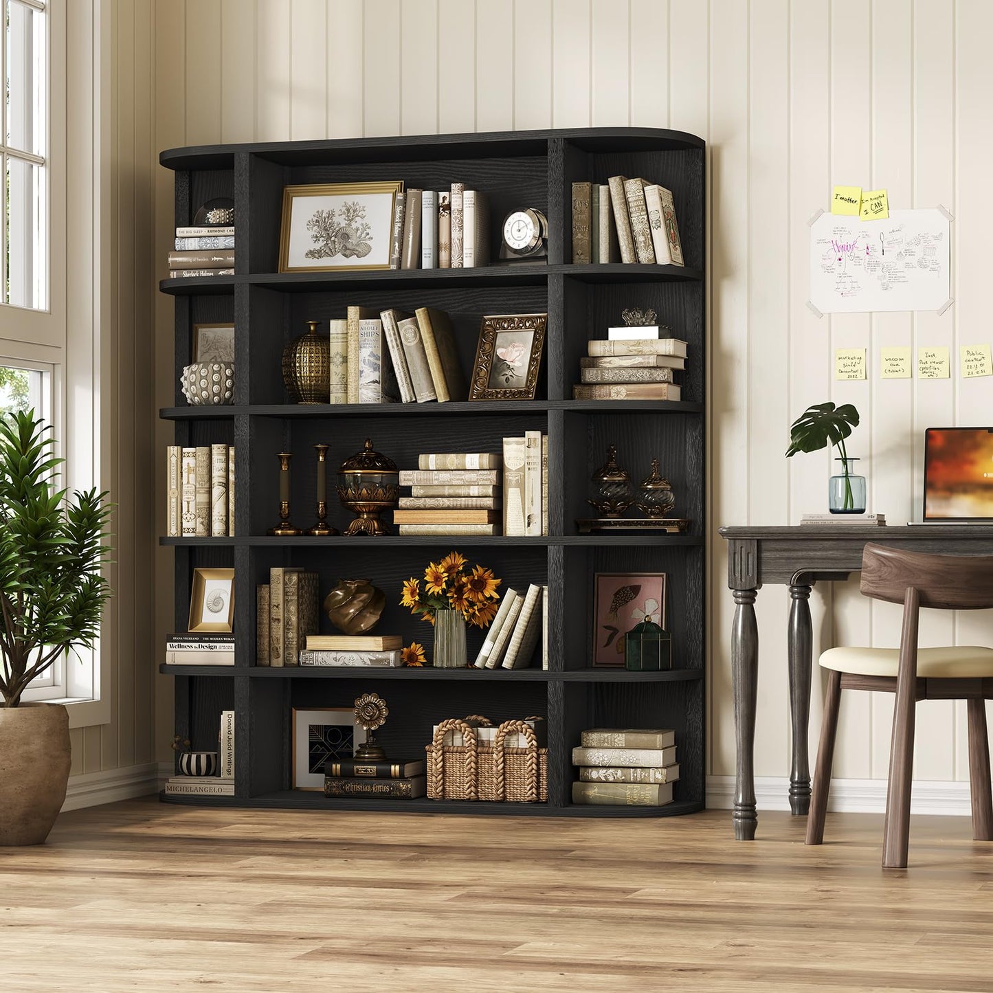 TVU 5-Tier Wood Book Shelf, 47" Wide Large Bookshelf and Bookcase, 62" Tall Bookshelf with Curved Side Shelves, Freestanding Wood Display Book Shelves for Living Room, Home Office, Black