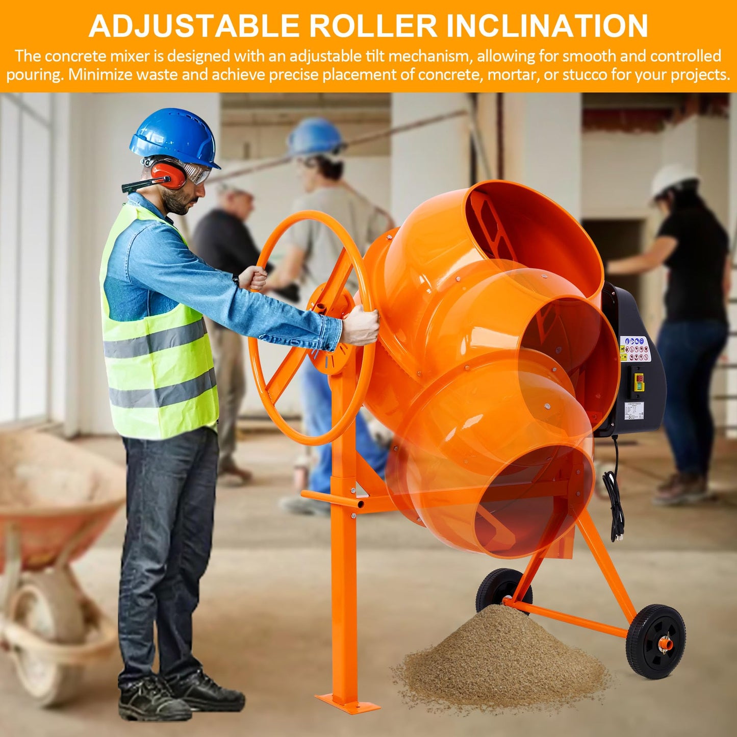 WORVISTA 5.0 Cu. Ft Electric Cement Mixer, 650W 4/5 HP Portable Concrete Mixer with Wheels and Stand, Heavy Concrete Mud Mixer Tools, Adjustable Tilt for Mortar Stucco Seeds and Fodder, Orange