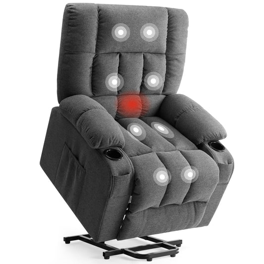 DUMOS Power Lift Recliner Chair with Vibration Massage and Heat for Elderly, Ergonomic Overstuffed Breathable Fabric Reclining Chair with 3 Pockets, Remote Control, Living Room, Bedroom, Grey