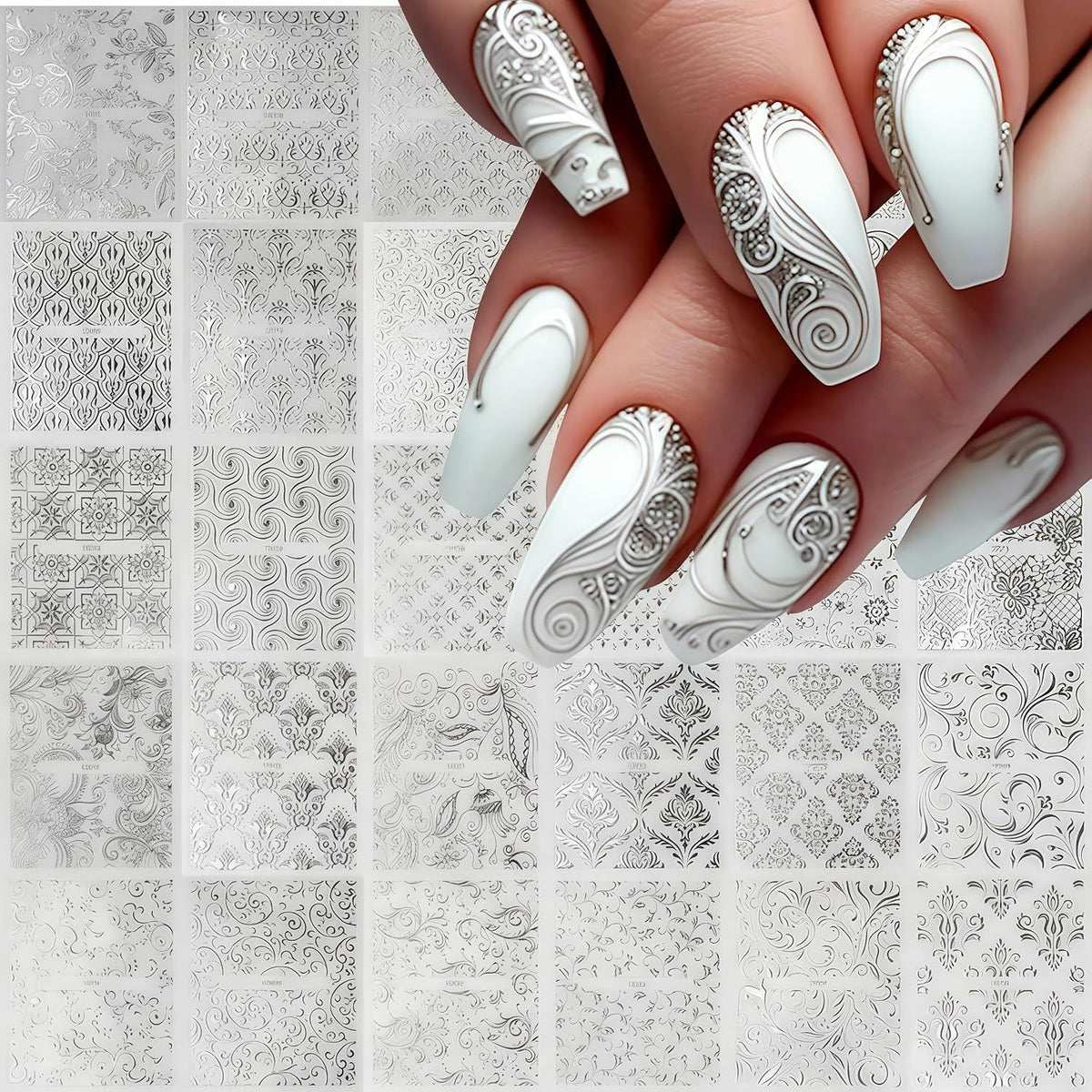 30 Sheet Silver lace Nail Stickers for Flower Nail Art 3D Self-Adhesive Nail Decals Silver Hollow Retro Floral Vine Nail Art Stickers Design lace Flower Nail Supplies for Women Manicure Decorations