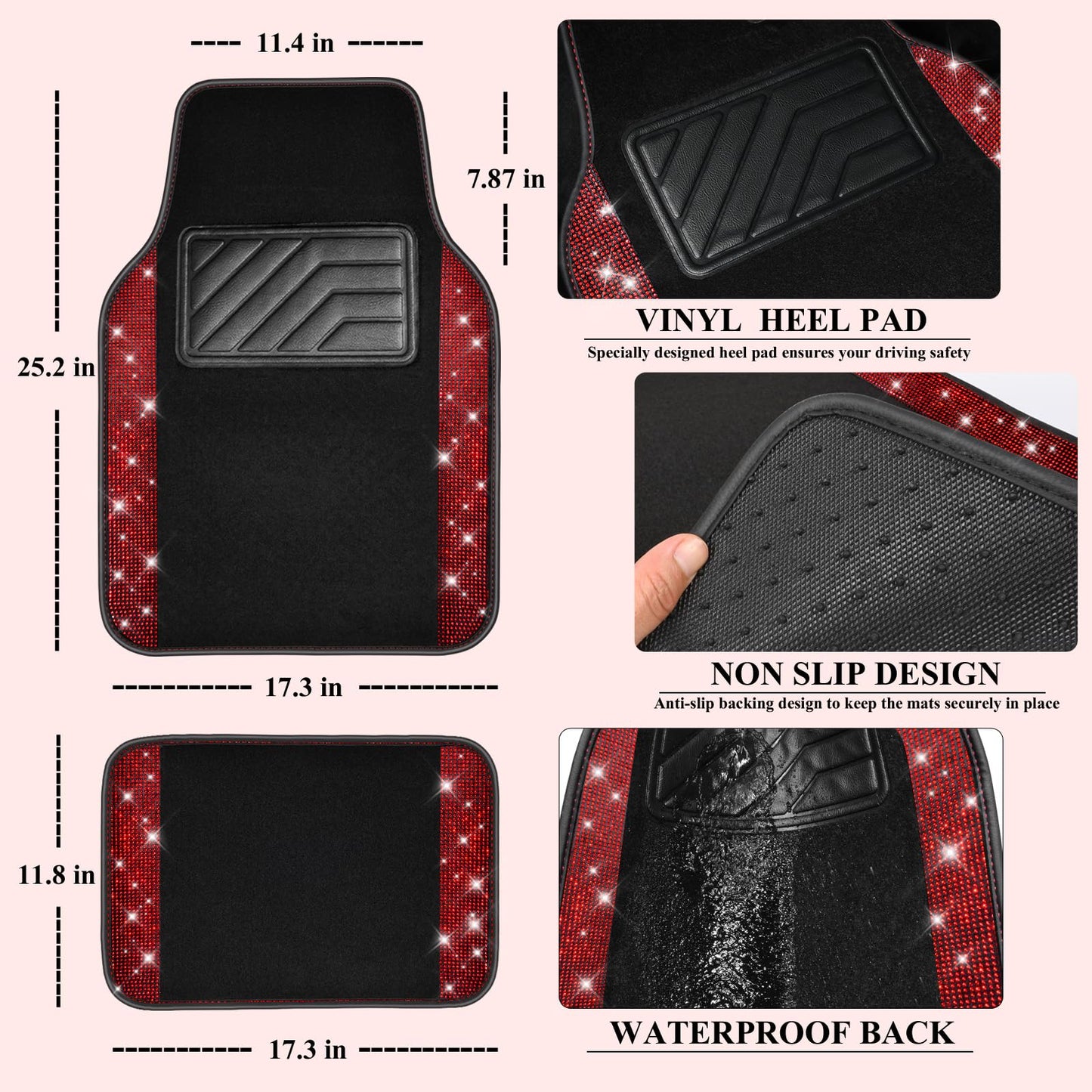 CAR PASS 11 PCS Bling Diamond Car Mats Set for Women Girls, Sparkly Rhinestone Steering Wheel Cover, Waterproof Floor Mats Universal Fit for SUV,Vans,Sedans,Trucks Anti-Slip, Interior Sets Black Red