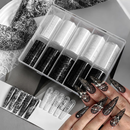 Black White Lace Nail Foil 10 Rolls Flower Nail Transfer Foil for Long Short Acrylic Nails Holographic Nail Art Stickers DIY Manicure Decoration Design Stickers Decals for Women