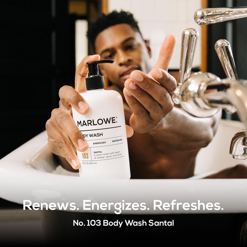 MARLOWE. Men's Body Wash, 15oz Pump, Energizing & Refreshing Shower Gel, Moisturizes, Nourishes, Clean Vegan Formula with Willow Bark & Green Tea Extracts, Warm Amber, Sandalwood & Citron Santal Scent