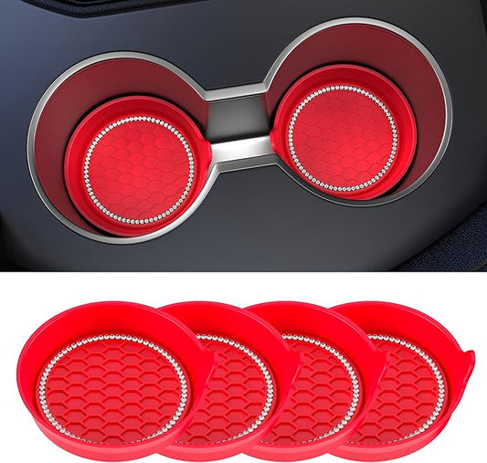 Amooca Car Cup Coaster Universal Non-Slip Cup Holders Bling Crystal Rhinestone Car Interior Accessories 4 Pack Red
