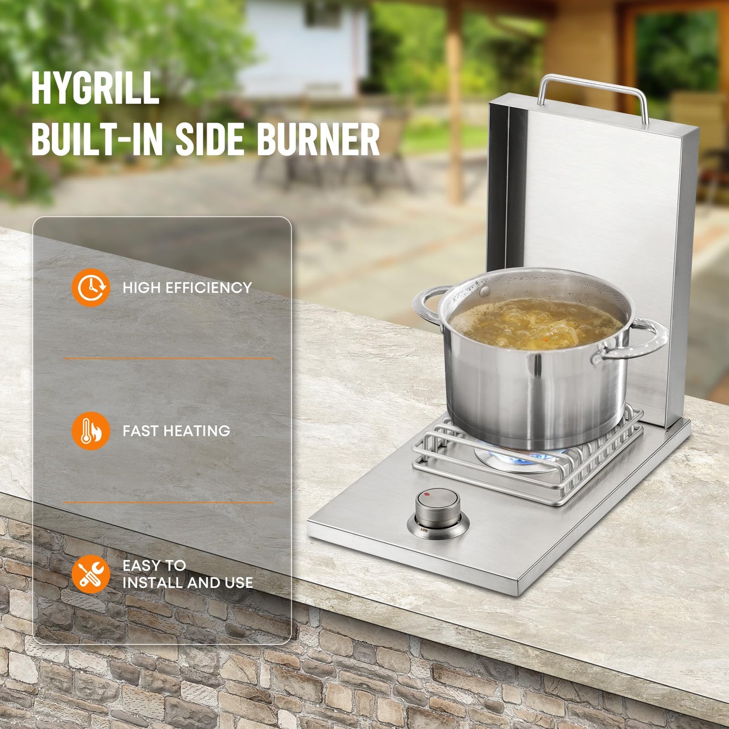 Hygrill Single Grilling Side Burners for Outdoor Kitchen, 304 Stainless Steel, Built-in Side Burner for Natural Gas