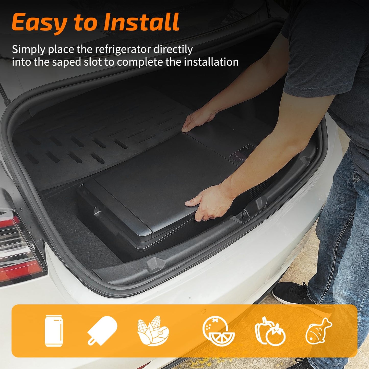 Tlaleikejia Car Refrigerator for Tesla Model 3, 37QT (35L) 12V Car Fridge -4℉~68℉, APP Control, Trunk Custom Fit for Model 3 2017–2026 (Incl. Highland), Portable Freezer 12/24V DC & 120–240V AC