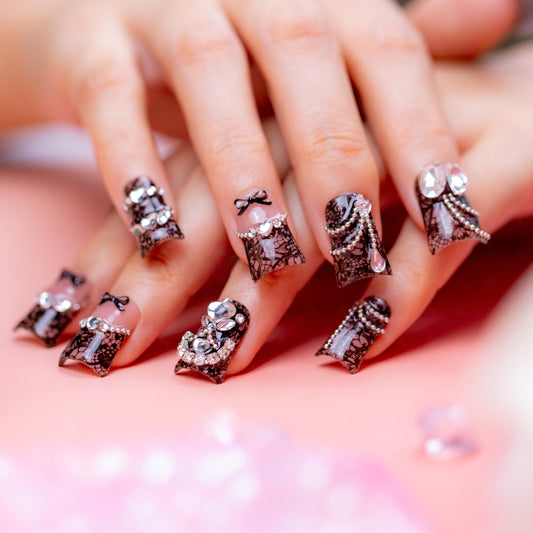 IntoVibes 10 Pieces Luxury Acrylic Press On Nails Short Handmade Duck Nails, Black Thickened False French Nails, 3D Lace Texture, Large Rhinestones, Reusable Fake Nails, Acrylic Nails (L)