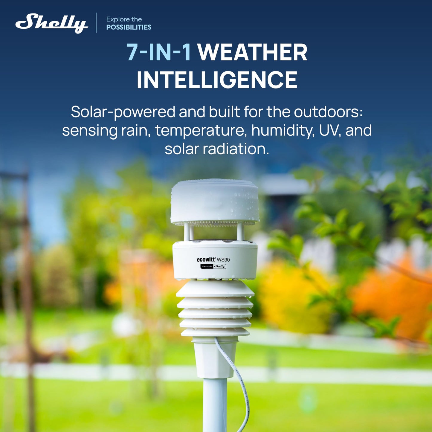 Ecowitt WS90 7-in-1 Weather Station with Bluetooth & Zigbee connectivity, Ultrasonic Wind Monitoring, Haptic rain Detection, Temperature & Humidity Tracking, UV & Illuminance, IPX5, Powered by Shelly