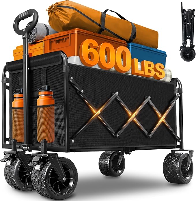 Extra-Large Heavy-Duty Wagons carts Foldable with 600-lbs Capacity & Giant 4" All-Terrain Tank Wheels â Ideal for Beach, Camping, Grocery Hauling and Outdoor Adventures