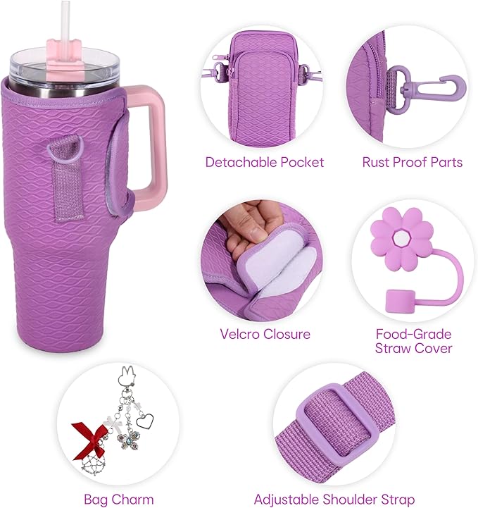 &And Per Se Water Bottle Shoulder Bag for Women, Neoprene Carrier with Phone Pocket & Purple Charm, Adjustable Crossbody Strap Fits Stanley 30oz Tumblers, Gift for Her (Purple)