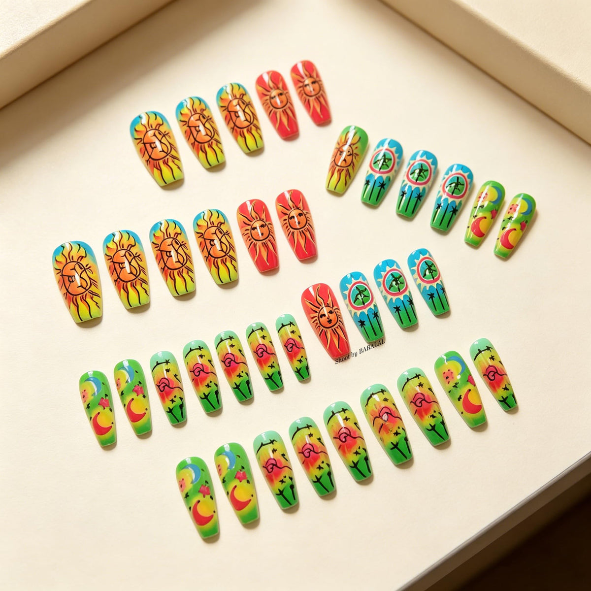 BABALAL Press On Nails, Long Coffin Fake Nails, Neon Rainbow with Sun Moon Star Design, Glossy Festival Hippie Glue On Nails for Women and Girls 24Pcs