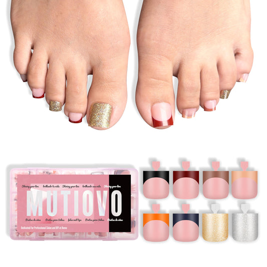 MUTIOVO 8 MIXED WINTER COLOR French Tip Toe Nail Tips Press on, BABY PINK Sharp Square Medium Wide Fake Toenails, Full Cover Acrylic,Builder Gel & Top Coat,Need Nail Glue,for DIY x 15 Sizes 240 pcs
