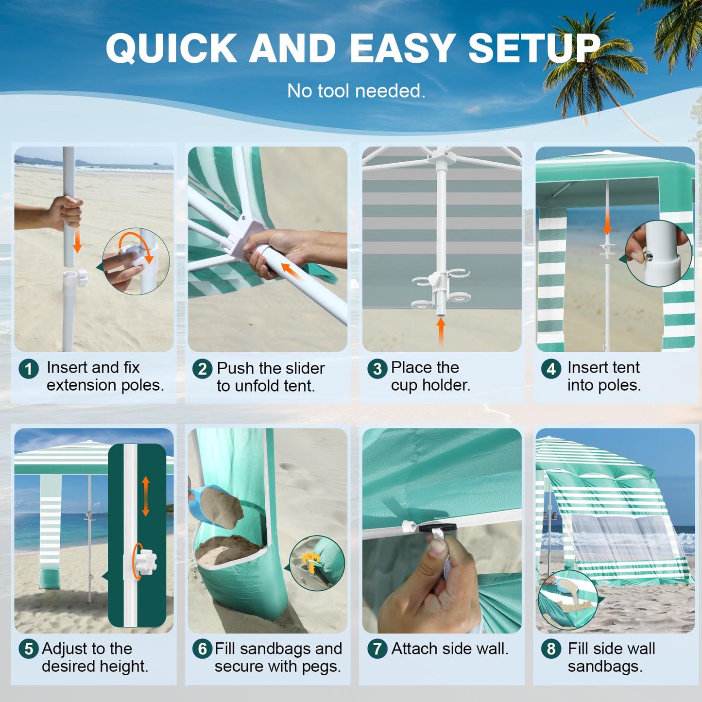 Rhino Valley Beach Cabana, 8 * 8FT Beach Tent UPF50+ Protection, Easy Setup Beach Canopy Wind Resistant with Cup Holder, Compact Beach Shade Foldable Beach Tent Sun Shelter, Green White