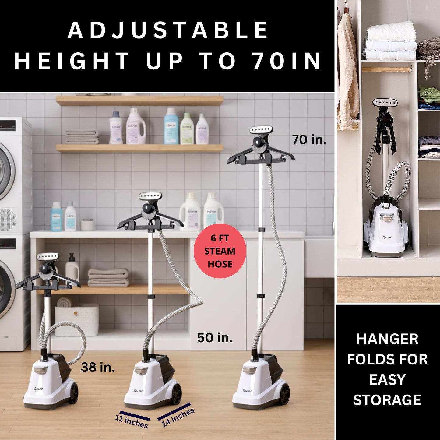 SALAV® Heavy Duty Smart Auto Shut-off Commercial Full-Size Garment Steamer, Beeping Alert when Water Runs out, Foot Pedal Control, XL 3L (101.5 oz) Tank, 1800 watts, 90+min of Continuous Steam, White