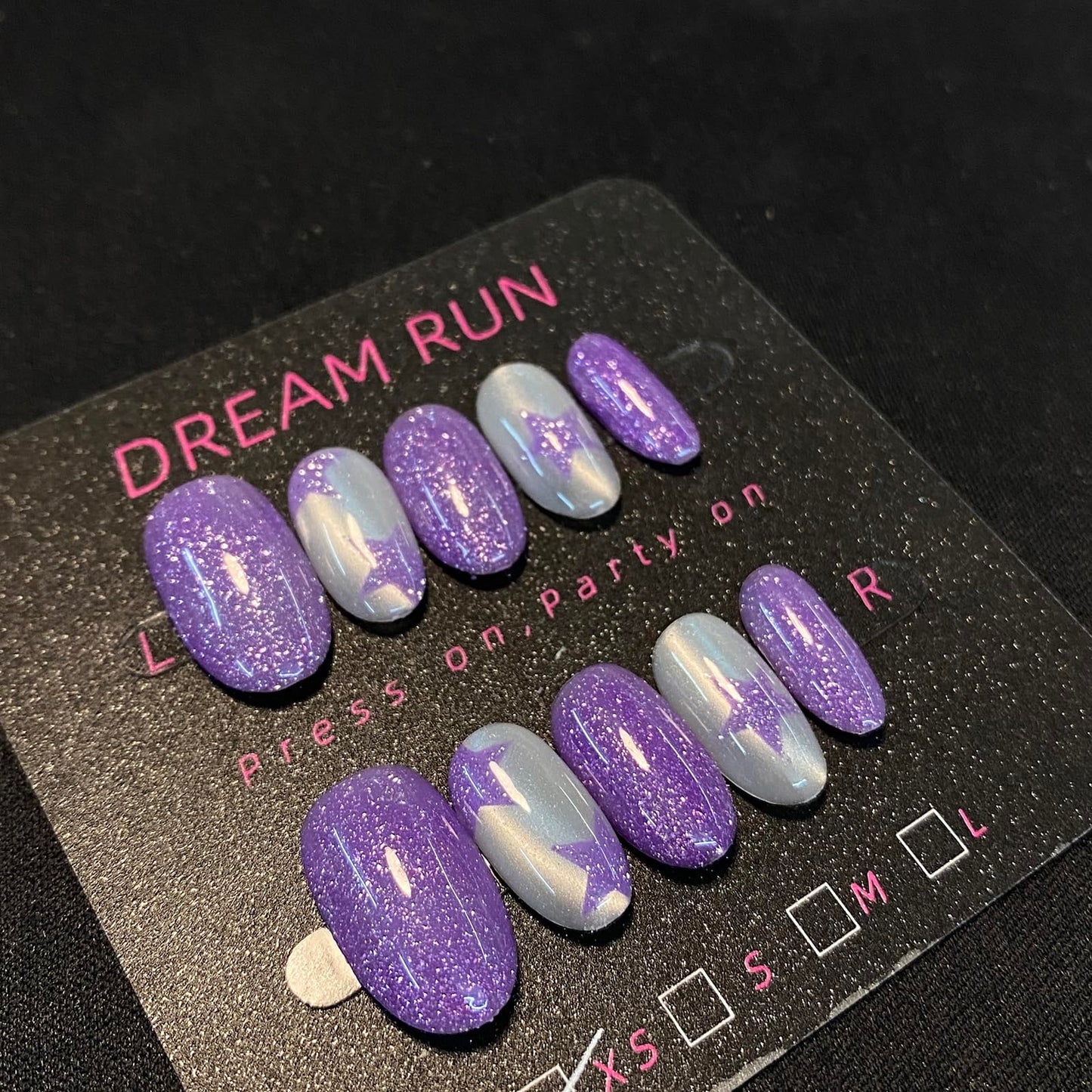 DreamRunNails Handmade Press on Nails, Purple Glitter and Opalescent French Tip, Medium Almond Shape, Reusable Glossy Acrylic Fake Nails for Women, Bridal Wedding Daily Wear