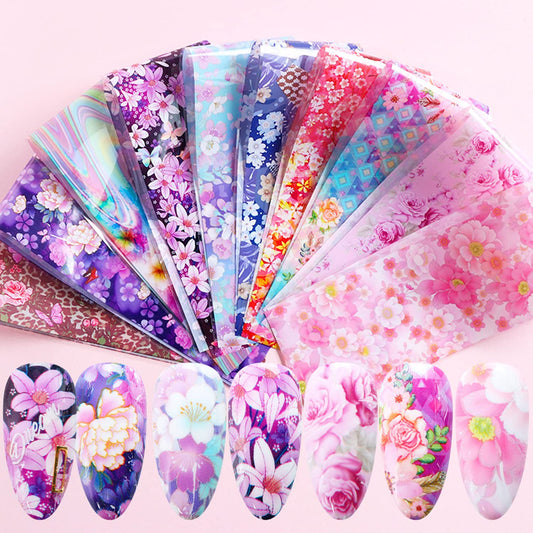 Flowers Nail Art Stickers - Colorful Foil Transfers Decals Holographic Rose Floral Starry Sky Design for Nails Supplies Women Manicure Tips Set Decorations 10 Sheets