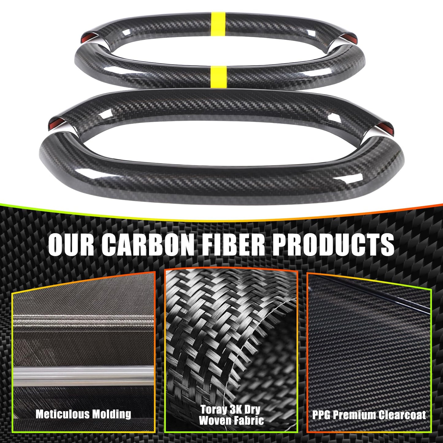 Steering Wheel Cover Trim Compatible with Chevrolet Corvette C8 2020-2026 100% Real Carbon Fiber 4PCS,Steering Wheel Circle Round Cover,Interior Protection Accessories (Black Carbon-Yellow)