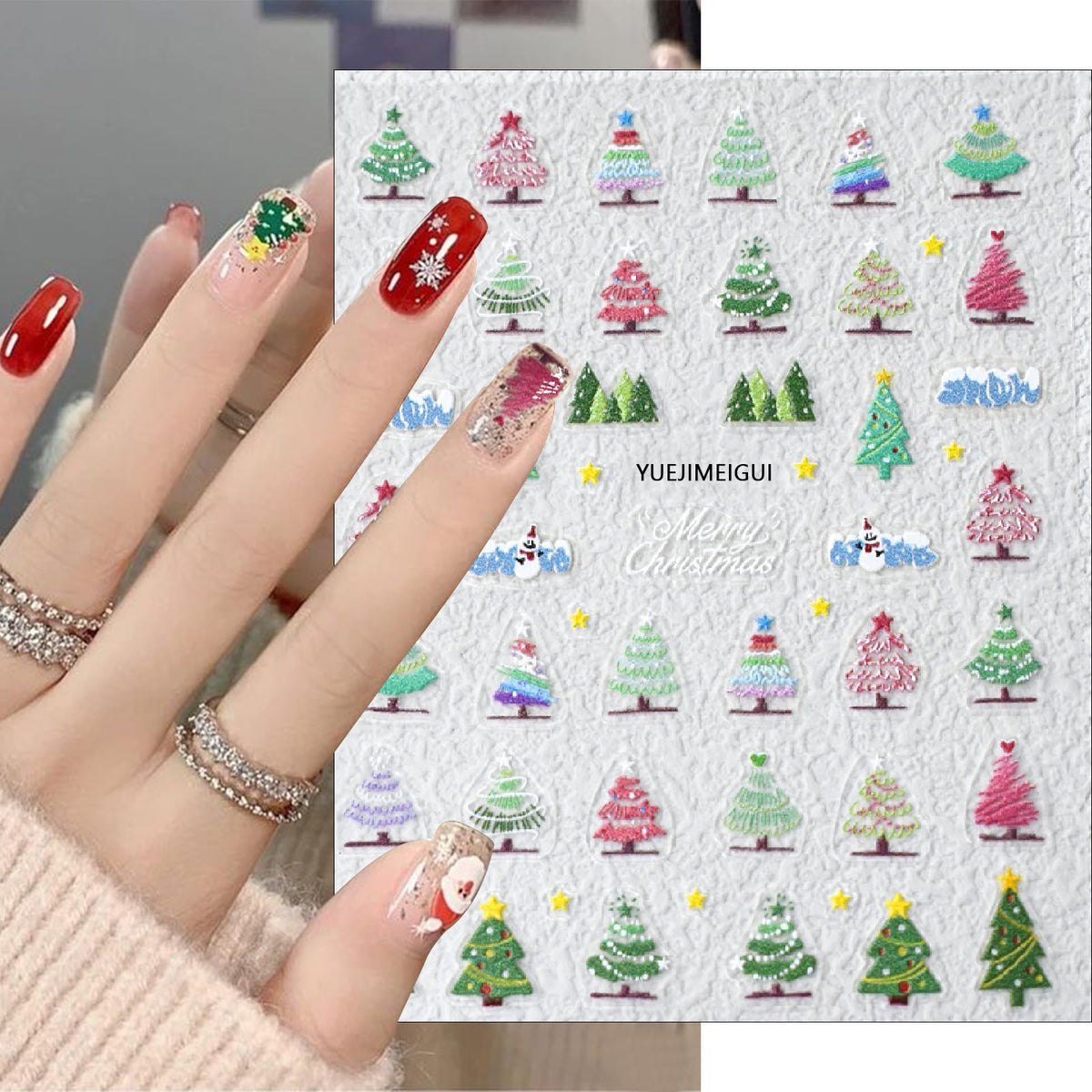 Pink Christmas Nail Art Stickers 5D Embossed Christmas Tree Self-Adhesive Nail Decals Winter Christmas Tree Elk Snowflake Nail Design Supplies Xmas Holiday Cute Stickers for Women Girl Manicure 3PCS