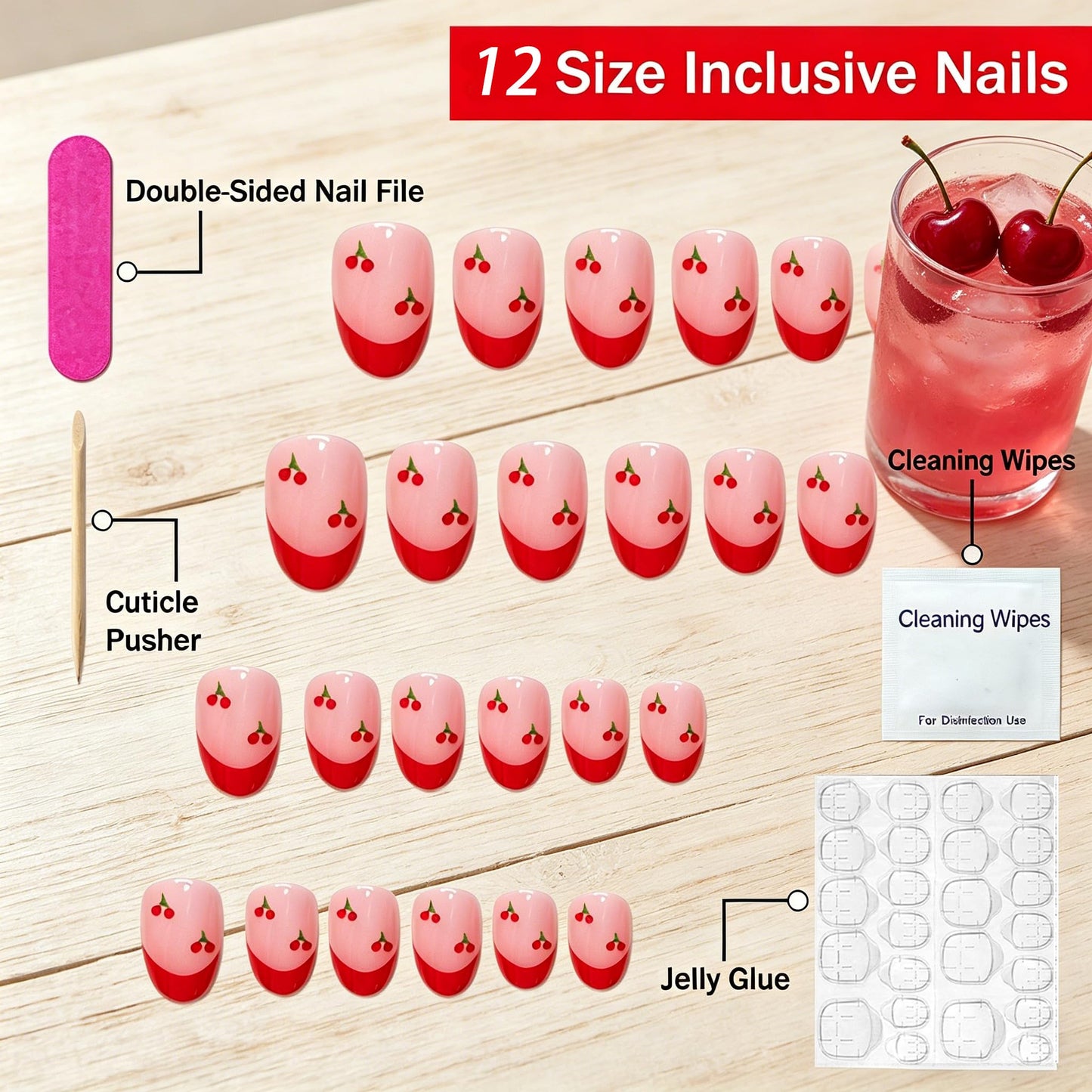 Cute Press on Nails Short Almond French Tip Fake Nails Full Cover Petite False Nails with Cherry Designs Red Glossy Glue on Nails Acrylic Nails Manicure Artificial Nails for Women Girls 24Pcs