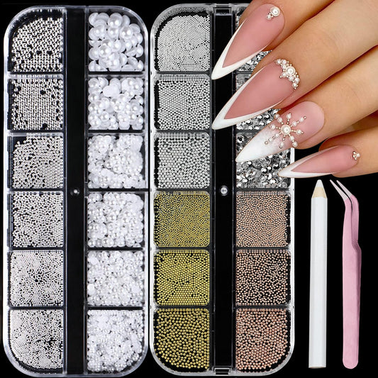 SEMATA White Nail Art Pearls Charms Mixed Size Nail Gems Flatback Nails Rhinestones Pearls Gold Silver Caviar Nails Beads Art Accessories Decoration Design for Women
