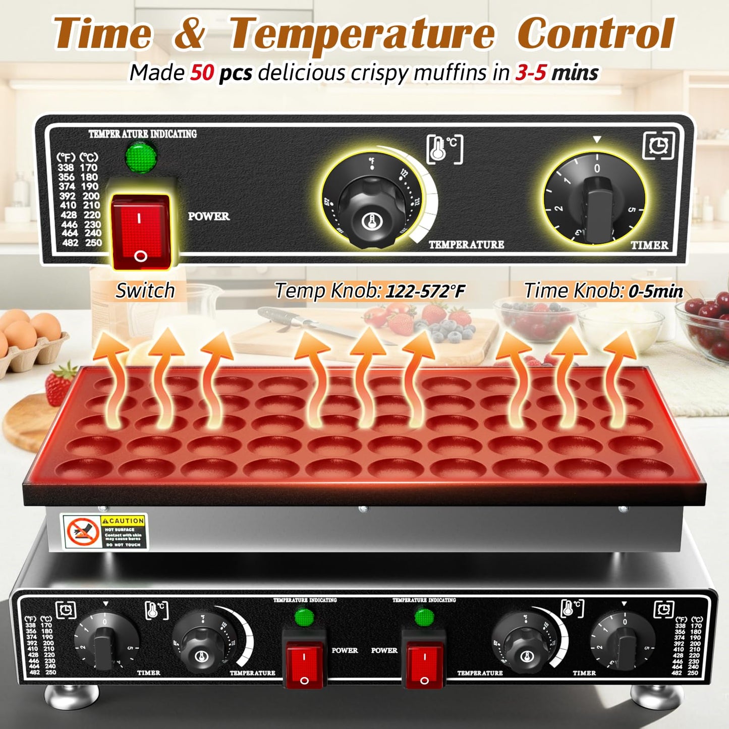 Baotree 50 PCS Commercial Mini Dutch Pancake Maker, 220V 1600W Mini Dutch Pancake Maker, 1.77 Inches Pancake Maker with 2 Thermostats & 2 Timers Separate Control, for Home and Restaurants