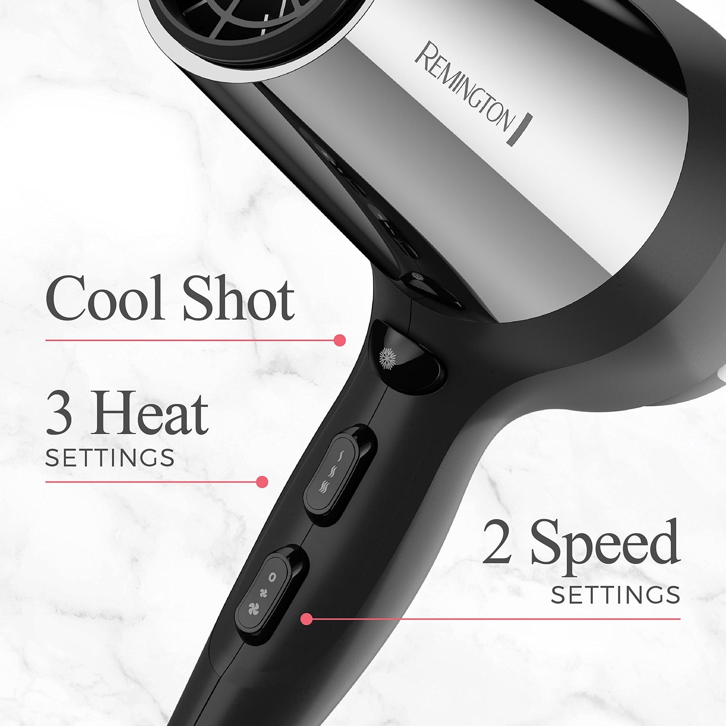 Remington Impact Resistant Hair Dryer, 1875-Watt Blow Dryer with Tourmaline, Titanium & Ceramic Technology, 3 Heat, 2 Speed Settings, Cool Shot, Diffuser & Concentrator Attachments