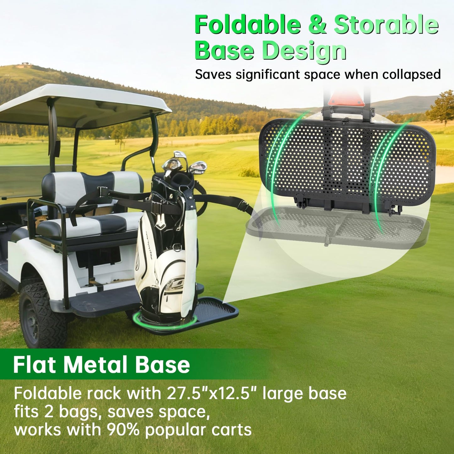 Foldable Golf Cart Rear Seat Bag Holder Fits 4 Seater Golf Cart Bag Holder Compatible with EZGO/Club Car/Yamaha Works for Rear Armrests Up to 8" & 24.5" Wide Equipped with Stainless Steel Buckles