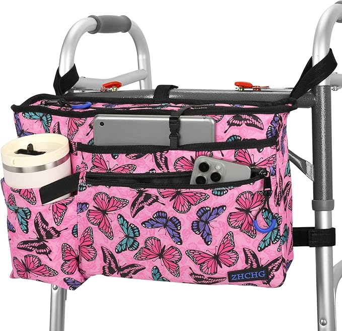 Walker Bag with Cup Holder, Walker Accessories for Seniors Detachable, Foldable Walker Basket with Big Capacity, Best Gift- Light Pink (Not Fit Rollator Walkers)