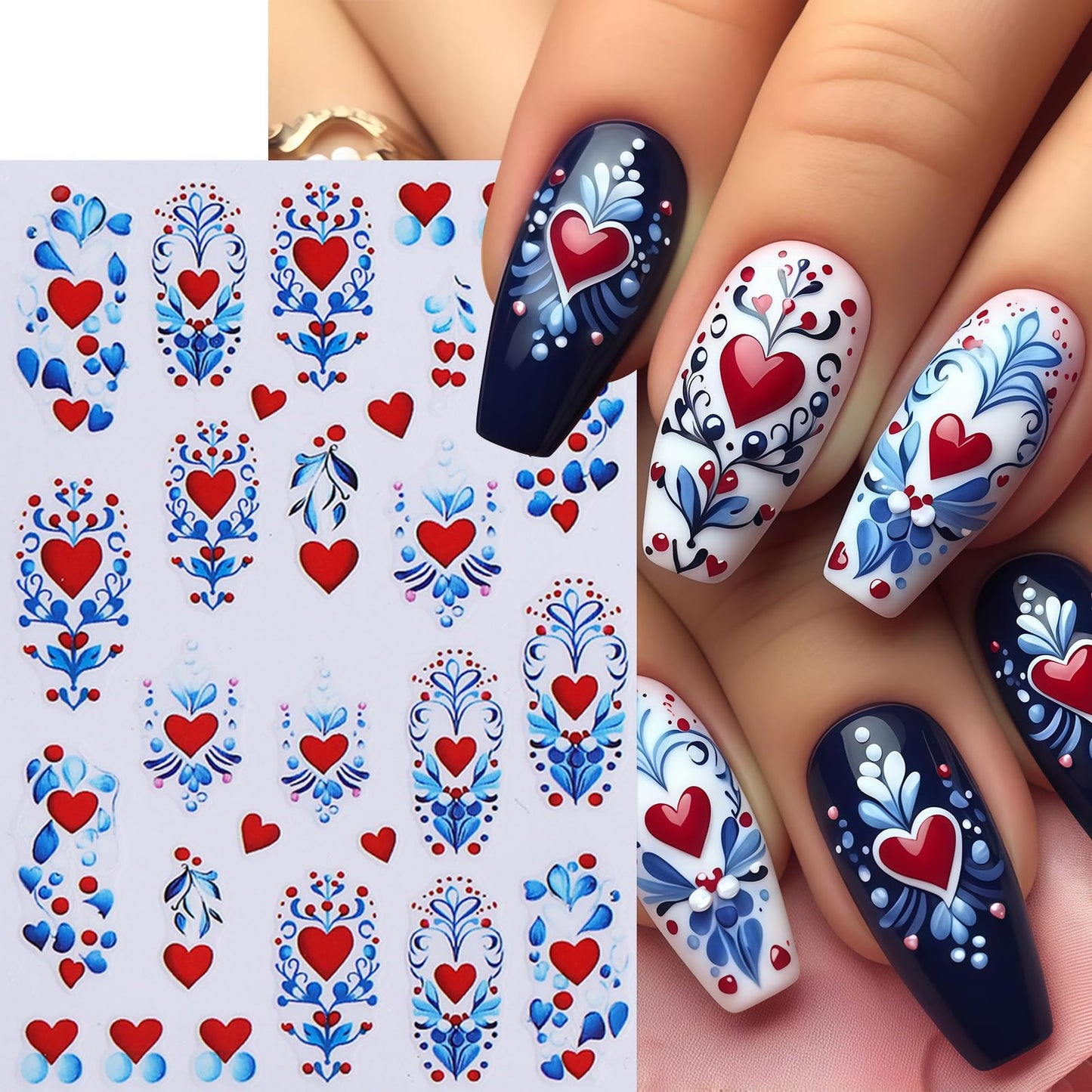8 Sheets Heart Bows Nail Art Stickers Valentines Day 3D Self Adhesive Hearts Nail Sticker Heart Love Red Bow Tie Nail Design Comic Heart French Tip Line Manicure Accessories for Women Nail Decoration