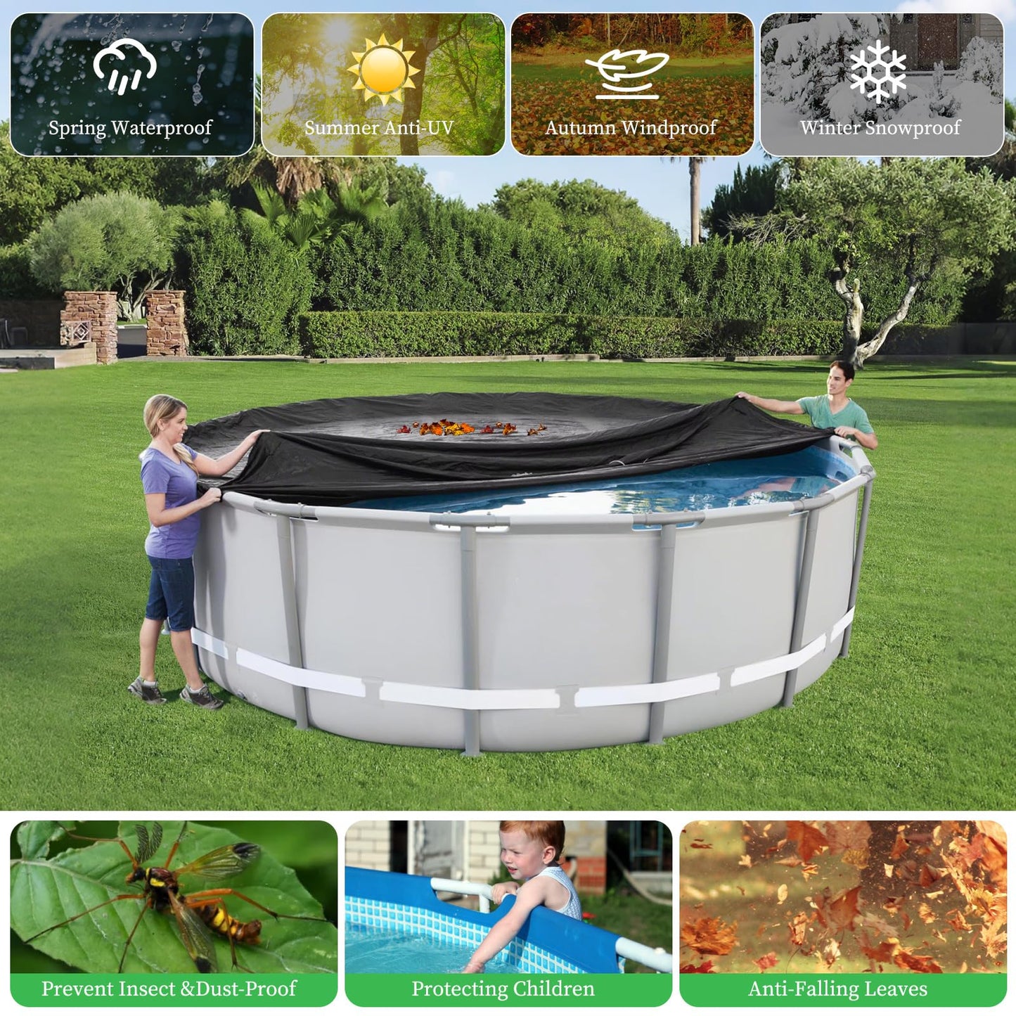HIGHTQURO 12Ft Round Pool Cover,Heavy Duty Waterproof Round Pool Covers for Above Ground Pools with Ground Nails and Windproof Ropes,Increase Stability&Tear-Resistant, Waterproof and Dustproof, Black
