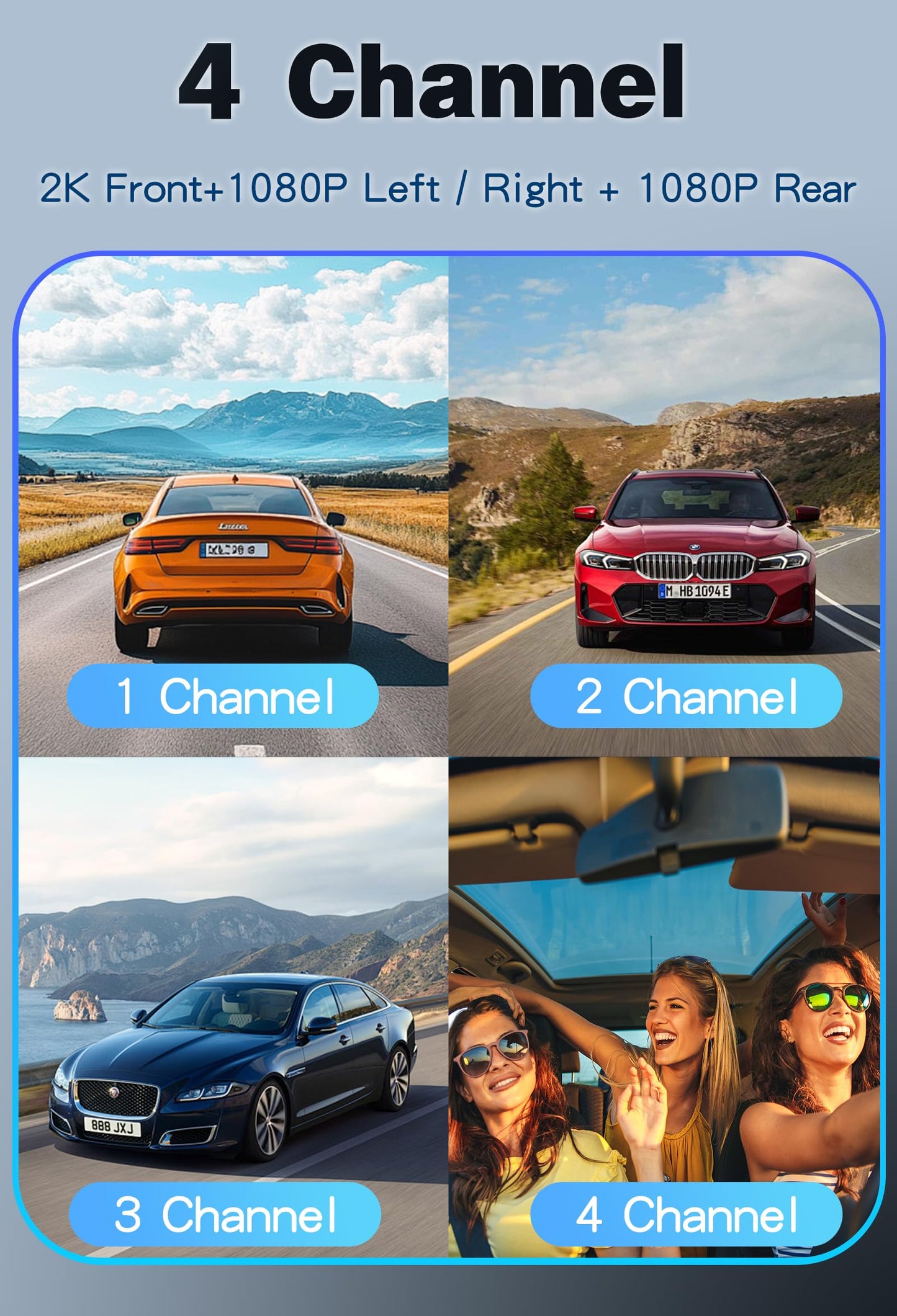 360° Dash Cam Front and Rear View 4 Channel Dash Camera FHD 2K+1080Px3 for Car, Inside/Back 170°+2x150°+170° Wide Angle, 8 IR Lamps Night Vision,WiFi,GPS, APP,G-Sensor with 64GB Card,24/7 Parking Mode